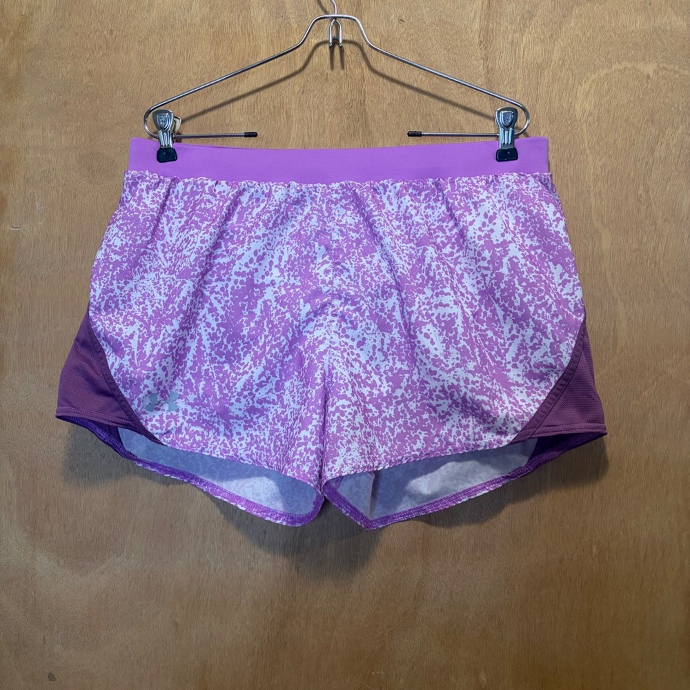 Under Armour Running Shorts Women Large Purple Splatter Print HeatGear Athletic